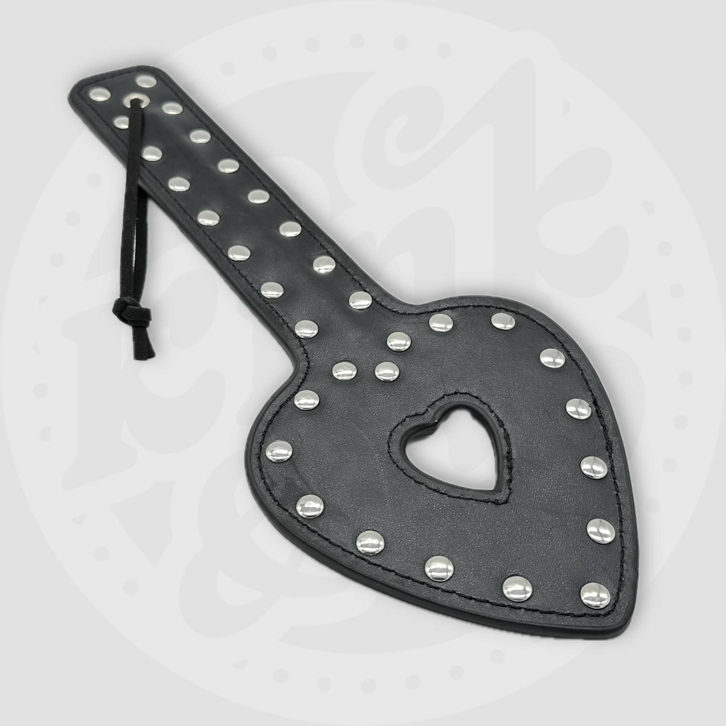 Black Studded Faux Leather Spanking Paddle with Heart Imprint