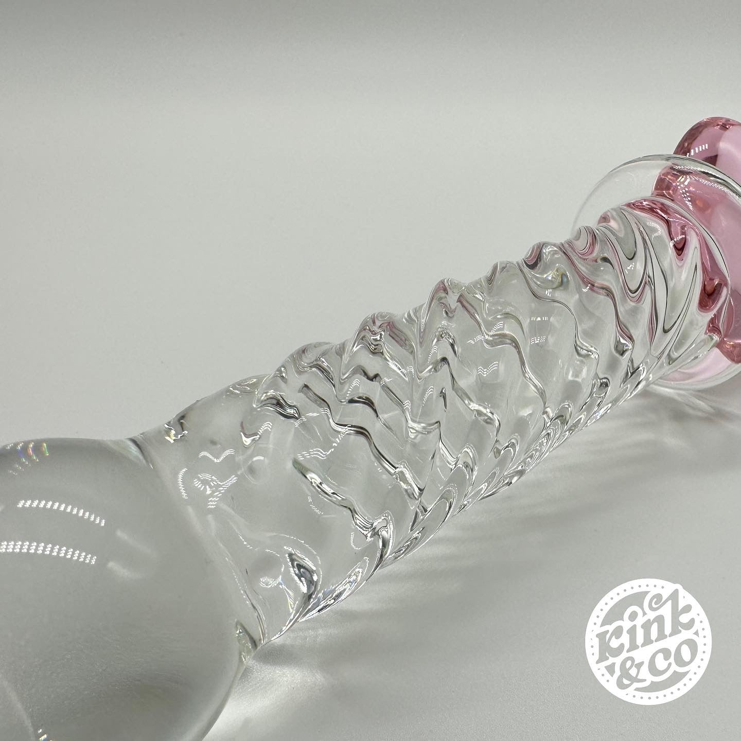 Side of Glass Dildo Pink Heart With Spiral Ridged Body - By Kink&Co