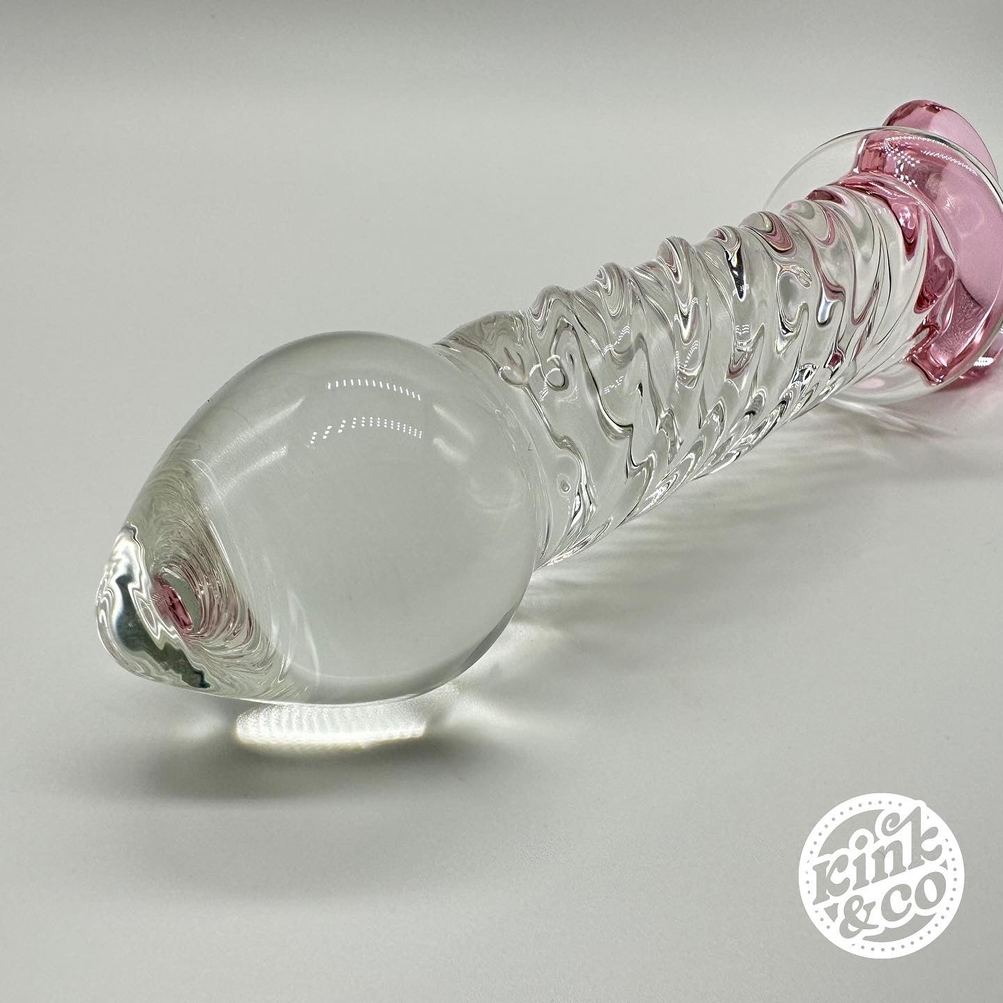 End of Glass Dildo Pink Heart With Spiral Ridged Body - By Kink&Co